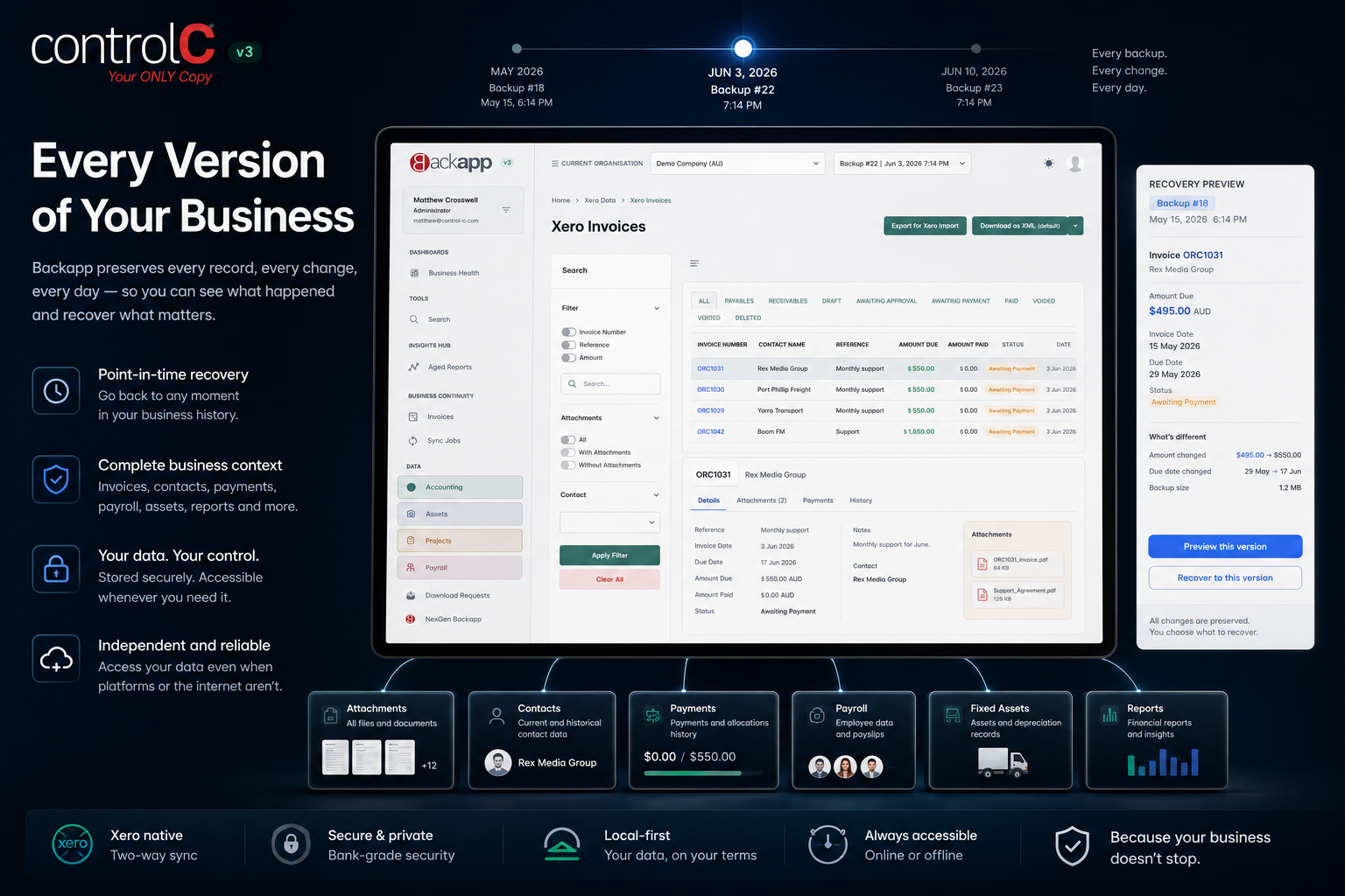 Control-C point-in-time business data recovery artwork.